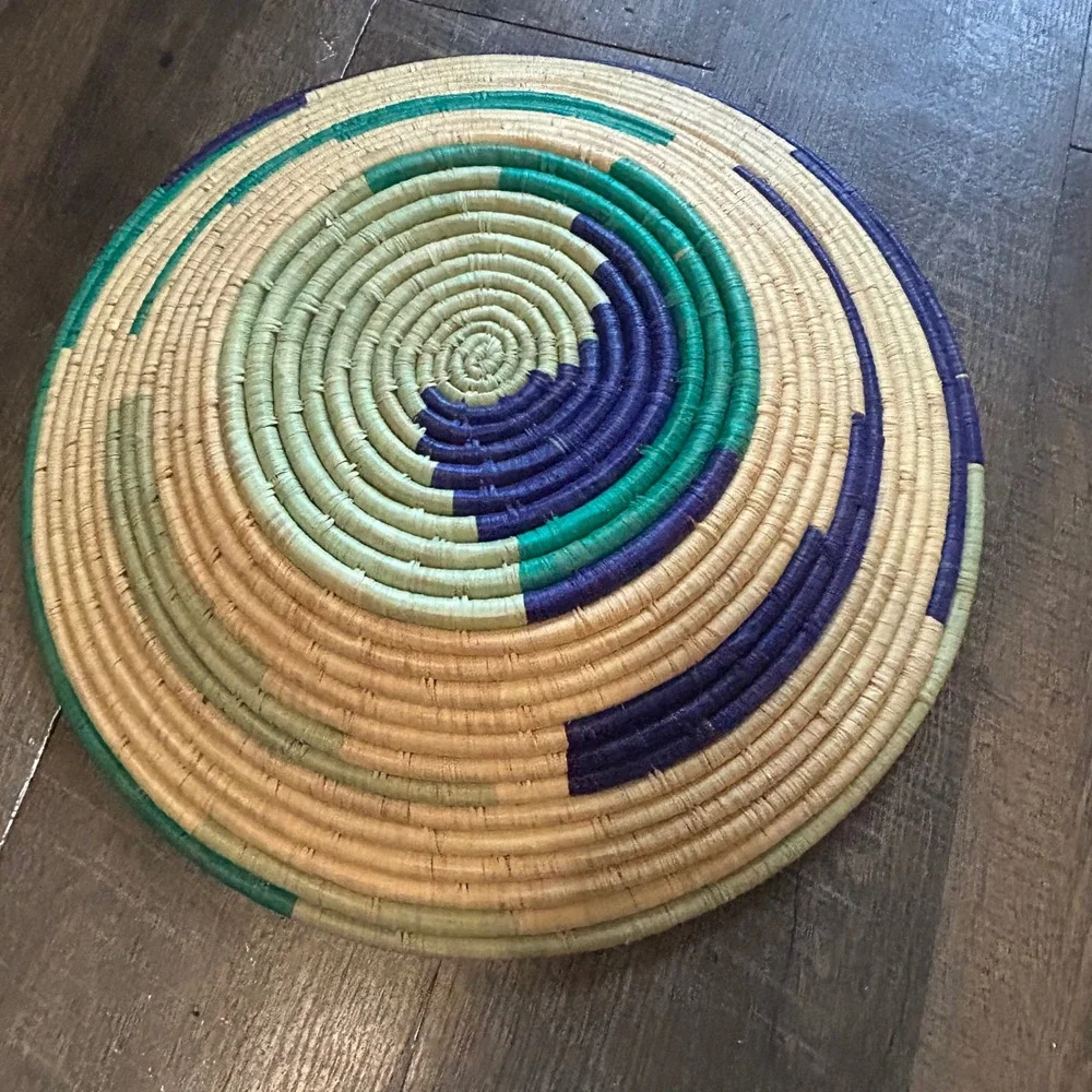 Ten Thousand Villages Woven Raffia Basket Bowl Uganda Teal Purple 14.5
